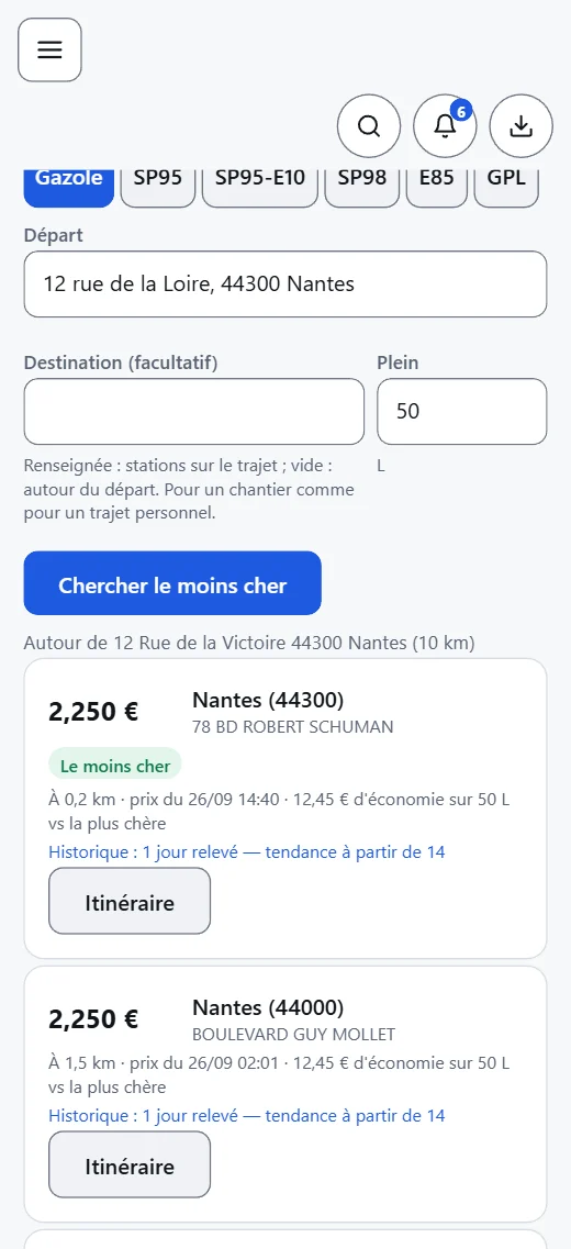 Recherche de carburant sur téléphone.