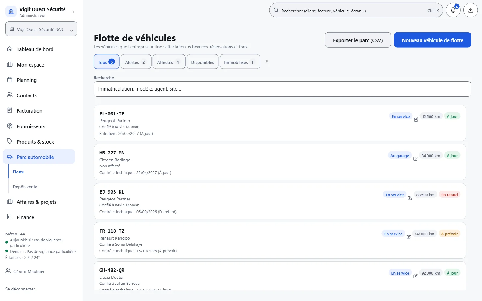 Flotte de l’entreprise : véhicules, attributions et prochaines échéances.