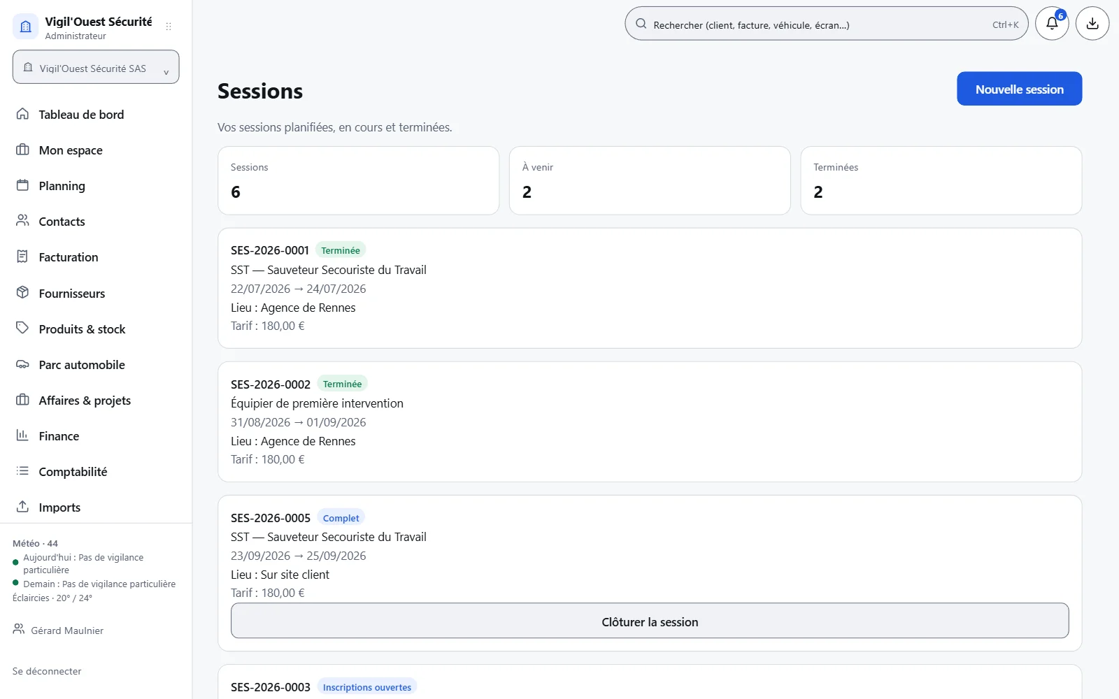 Sessions de formation : à venir, en cours et terminées.